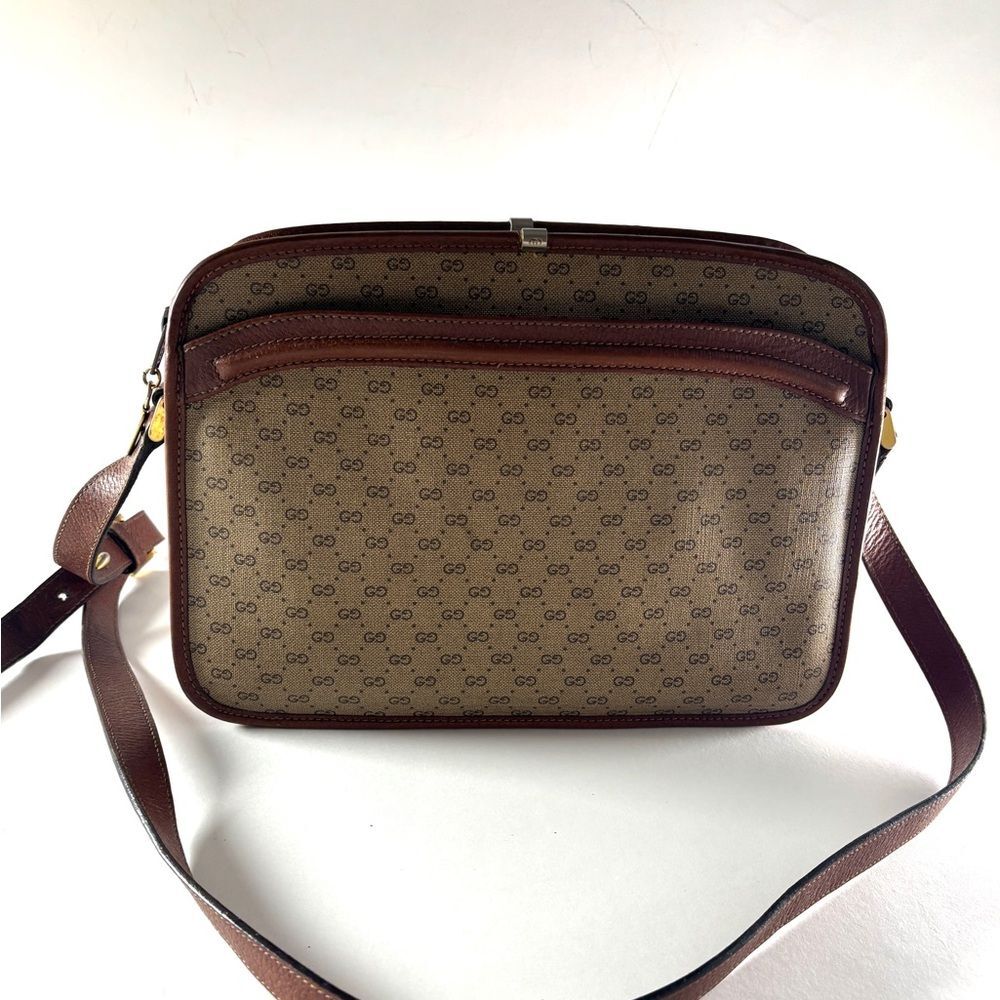 Gucci Brown Monogram Messenger Bag with Leather Trim